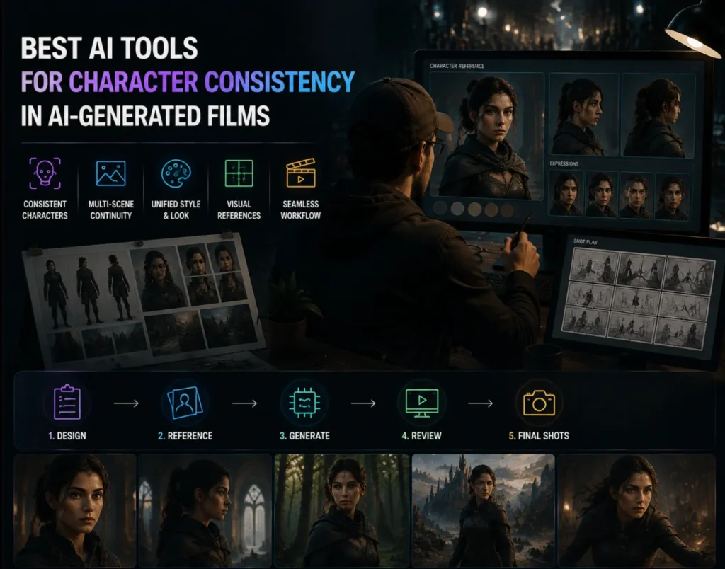 Filmmaker reviewing AI-generated character reference sheets, expressions, and storyboards to maintain consistent character design across scenes.