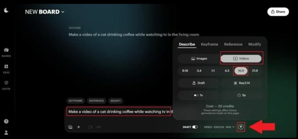 AI video generation interface showing a prompt to create a cat drinking coffee while watching TV, with video settings and a red arrow pointing to the generate button.