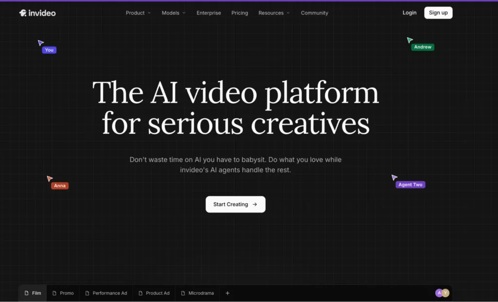 Invideo AI video platform homepage showcasing AI-powered creative tools and video production workflows.