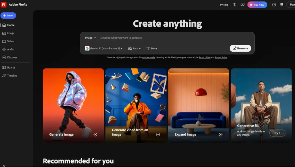Adobe Firefly interface showing AI image and video generation tools.