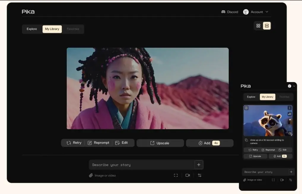 Pika AI video generation interface showing a cinematic scene and video editing tools.