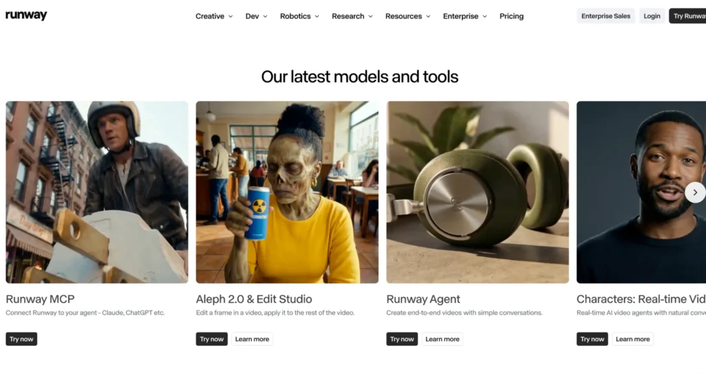 Runway AI platform showcasing its latest AI video models and creative tools.