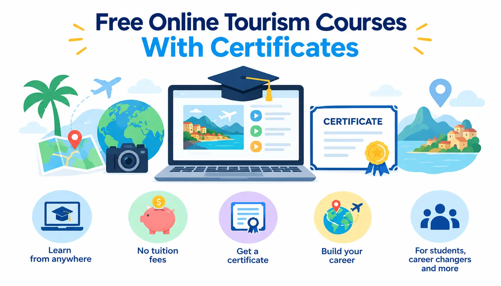 Infographic promoting free online tourism courses with certificates, featuring a laptop, travel icons, certificate, globe, map, and benefits such as no tuition fees and career development.