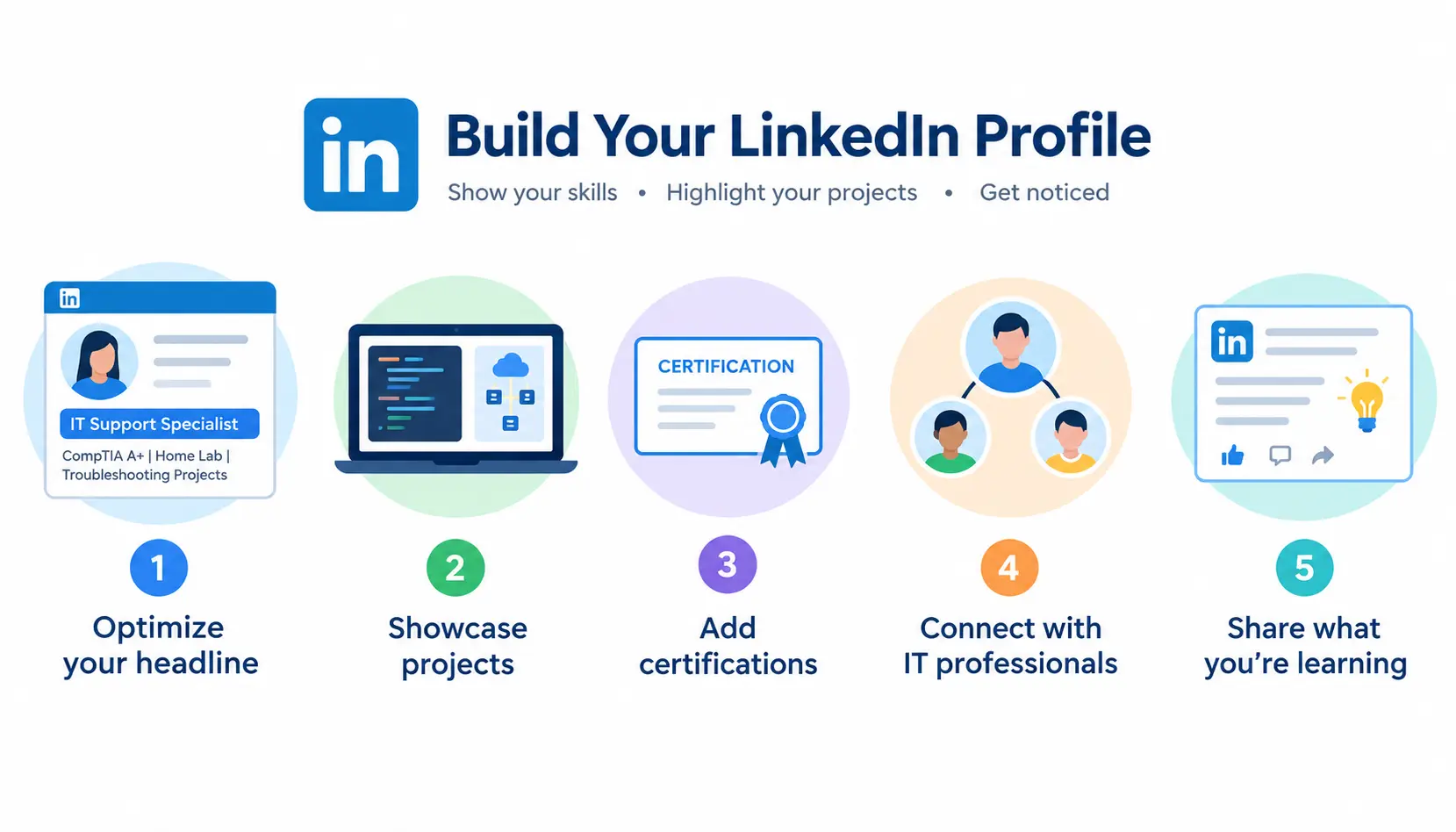 Infographic showing five ways to build a strong LinkedIn profile for an IT career: optimize your headline, showcase projects, add certifications, connect with IT professionals, and share what you are learning.