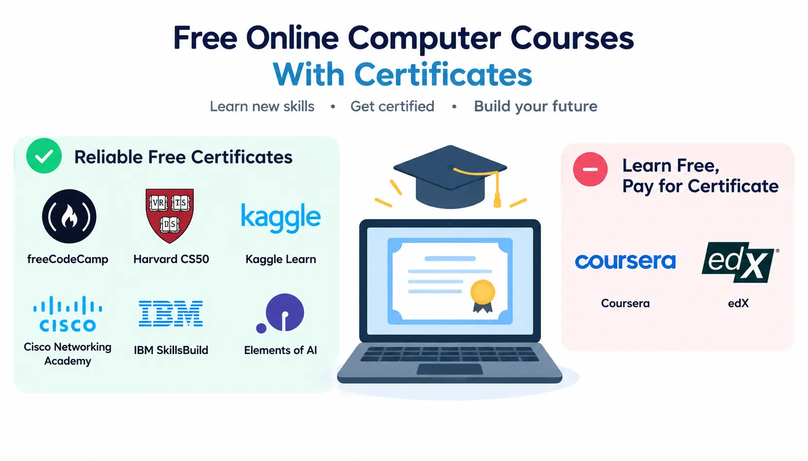 Free online computer courses with certificates, showing free certificate providers and platforms where learning is free but certificates may require payment.