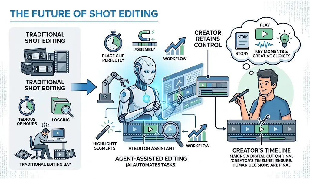 Infographic showing the future of shot editing, comparing traditional editing with AI-assisted editing where AI automates tedious tasks while the creator retains control over creative decisions and the final timeline.