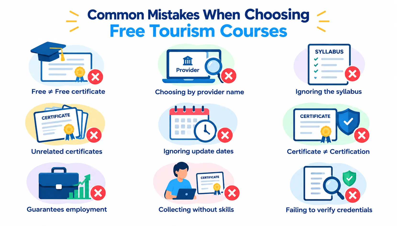 Infographic showing common mistakes when choosing free tourism courses, including ignoring the syllabus, choosing by provider name, confusing certificates with certifications, collecting unrelated certificates, and failing to verify credentials.