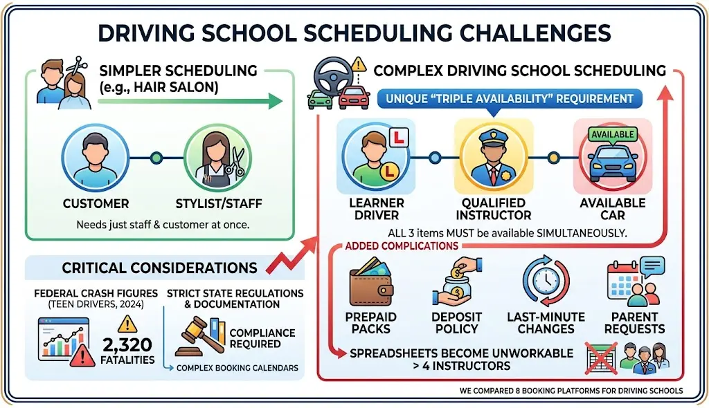Driving school scheduling challenges showing the need to coordinate learners, qualified instructors, and available cars, along with prepaid lesson packs, deposits, last-minute changes, and parent requests.