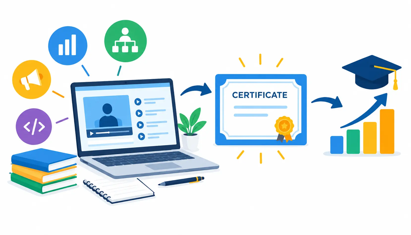 Free online learning course leading to a certificate and career growth, with icons for skills, online courses, certification, and professional development.