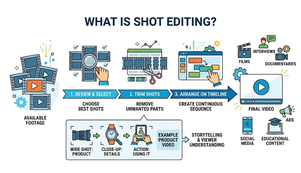 Infographic explaining shot editing, from reviewing and selecting footage to trimming shots, arranging clips on a timeline, and creating a final video for films, interviews, documentaries, social media, ads, and educational content.