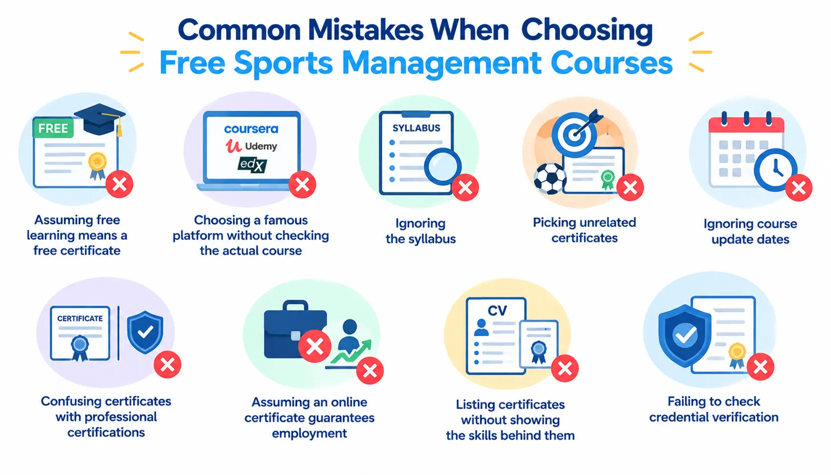 Common mistakes when choosing free sports management courses, including certificate confusion, ignoring syllabi, outdated courses, unrelated credentials, and unverified certificates.