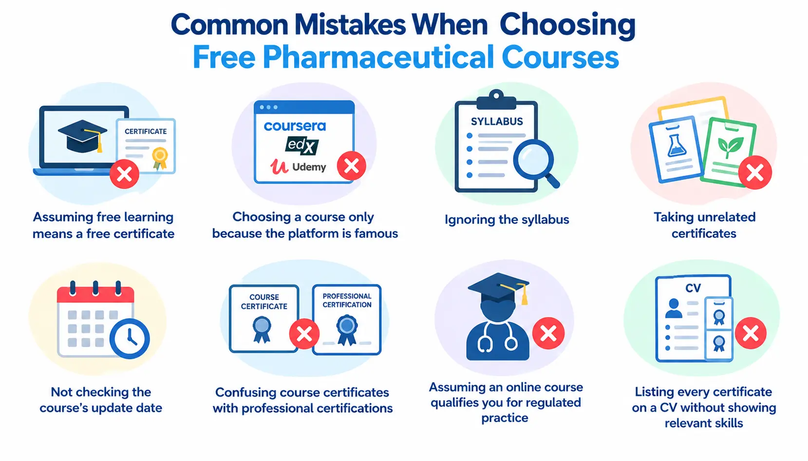 Common mistakes when choosing free pharmaceutical courses, including confusing free learning with free certificates, ignoring syllabi, outdated courses, and listing irrelevant credentials.