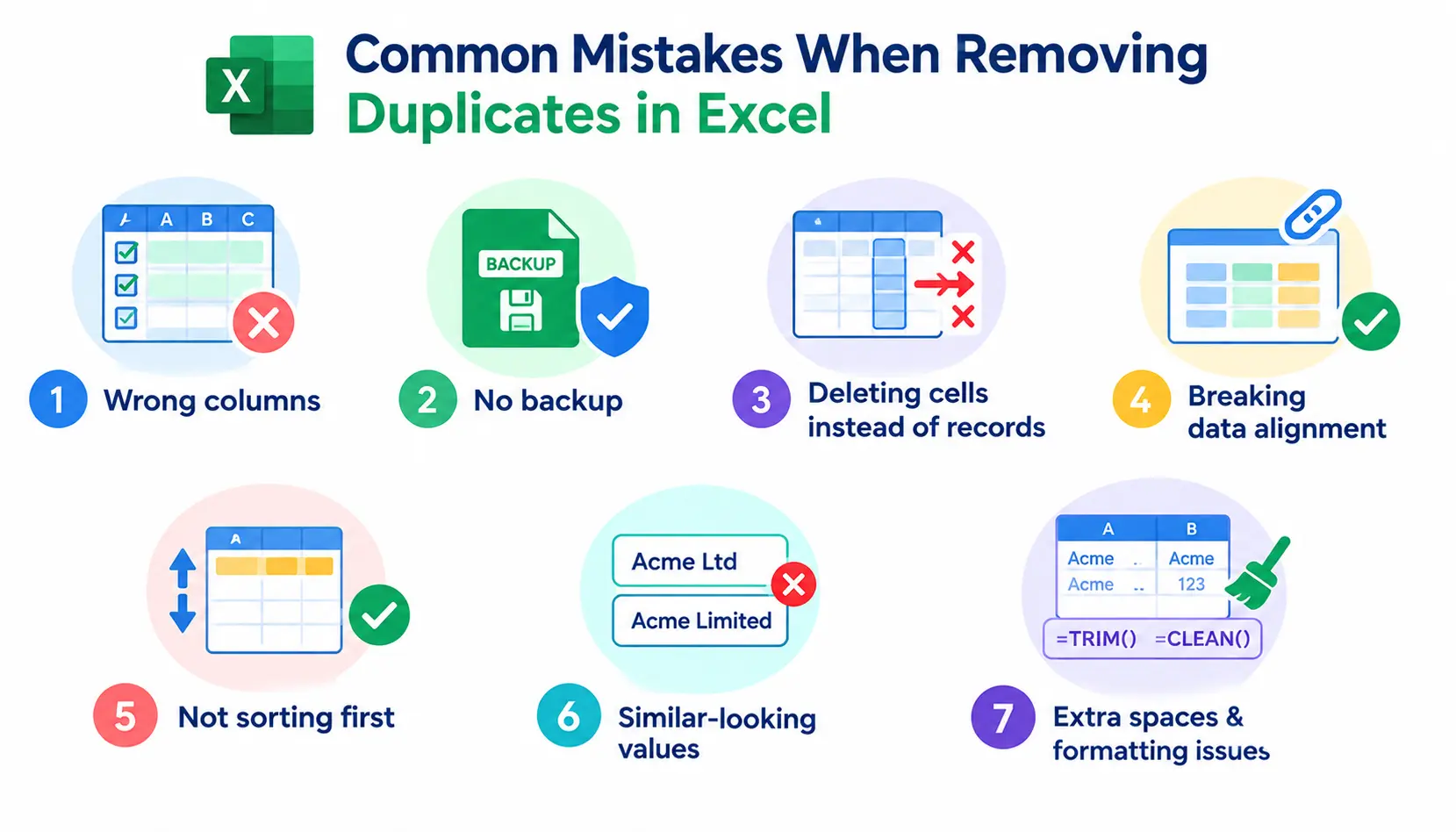 Infographic showing seven common mistakes when removing duplicates in Excel, including selecting wrong columns, skipping backups, deleting cells instead of rows, breaking data alignment, not sorting first, overlooking similar-looking values, and ignoring extra spaces or formatting issues.