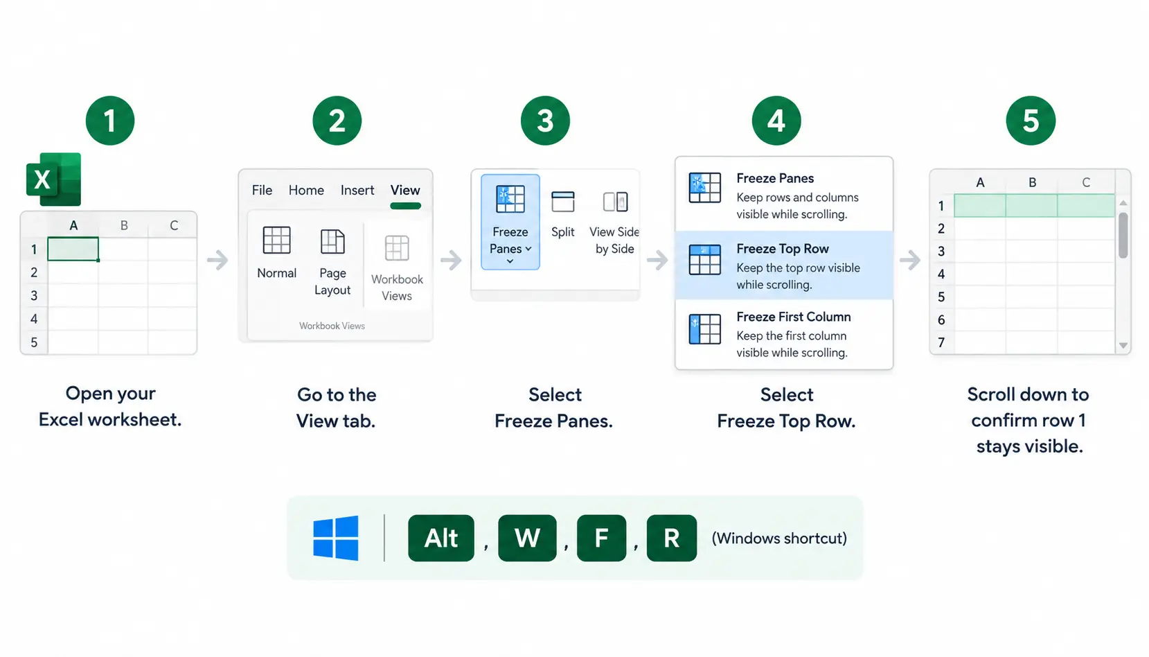 Excel steps showing how to freeze the top row using View > Freeze Panes > Freeze Top Row, with the Alt + W + F + R shortcut.