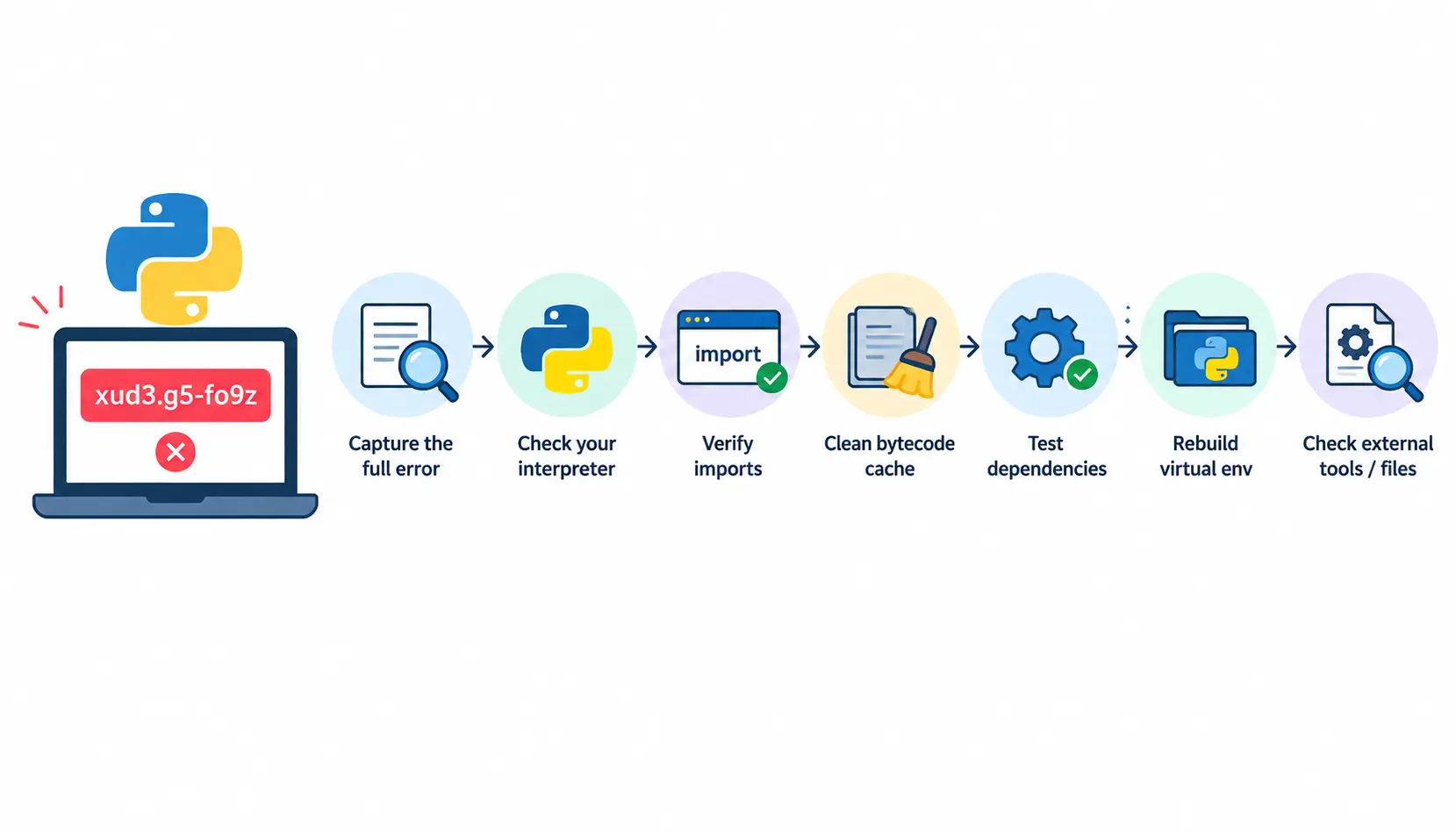 Steps to troubleshoot Python errors, including checking imports, clearing cache, testing dependencies, and rebuilding the virtual environment.