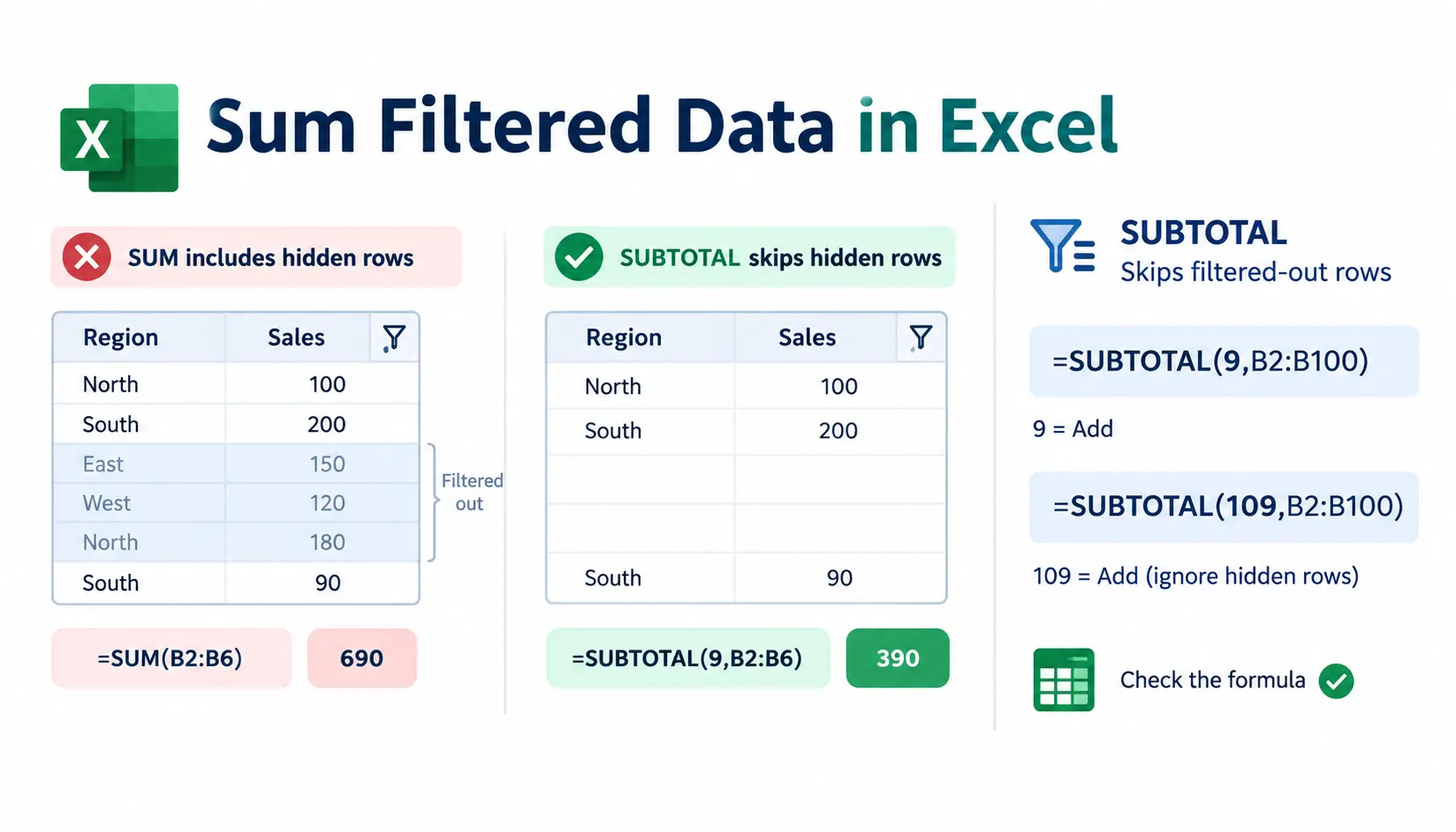 Excel filtered data infographic comparing SUM and SUBTOTAL, showing how SUBTOTAL excludes filtered rows and uses function numbers 9 and 109.