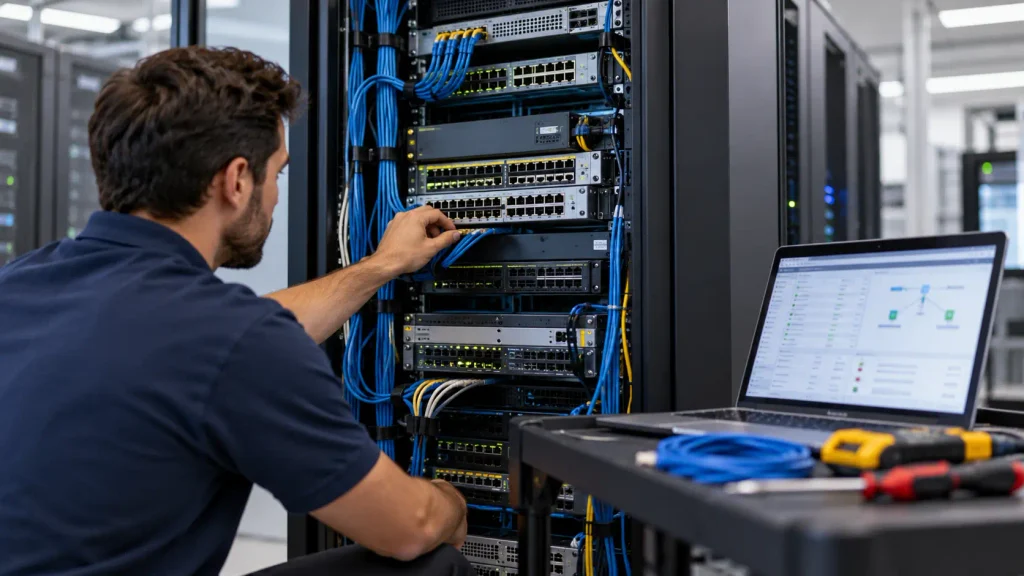 IT technician performing network maintenance on enterprise switches and routers in a data center.