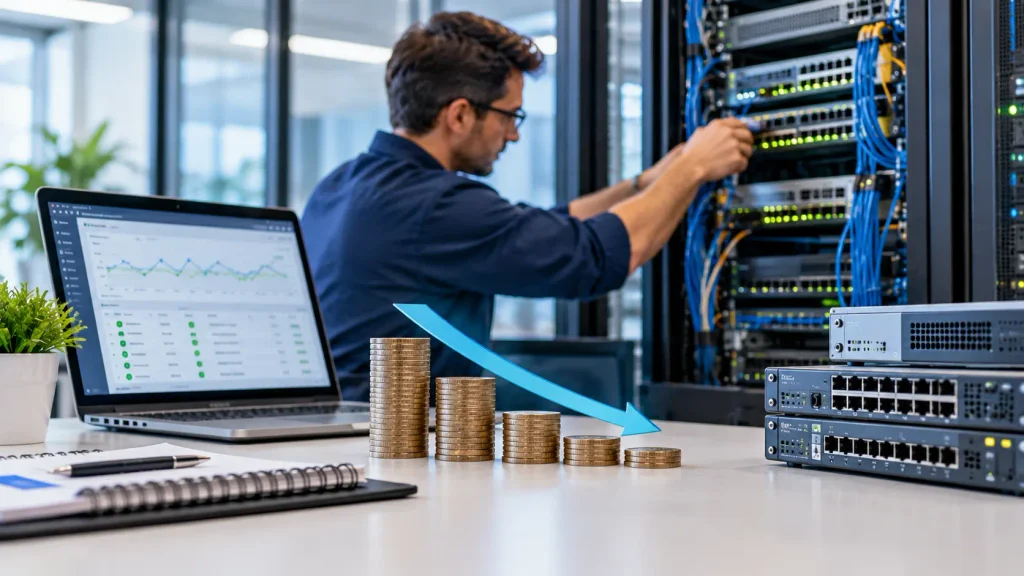 Network maintenance cost reduction through IT infrastructure optimization, with a technician servicing server racks and a visual representation of lower maintenance expenses.