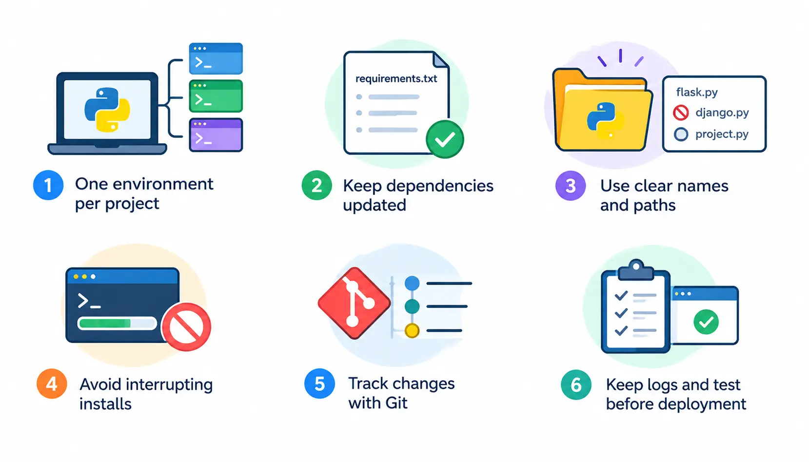 Python error prevention tips, including using virtual environments, updating dependencies, clear naming, Git version control, and testing before deployment.