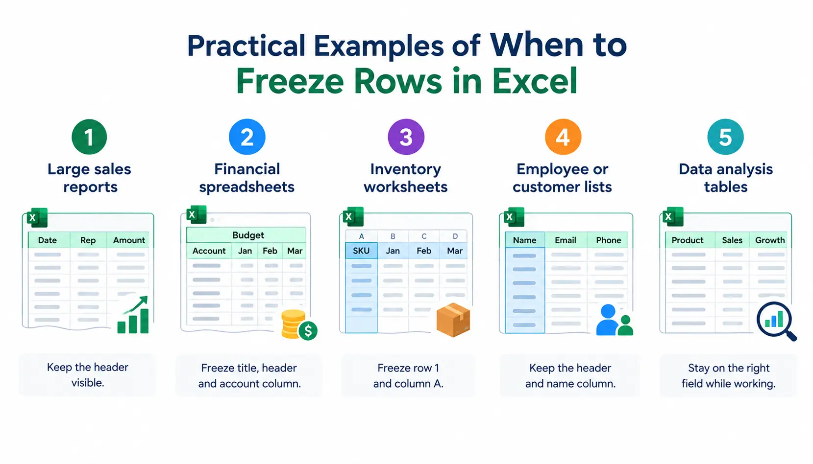 Five practical Excel examples for freezing rows, including sales reports, financial spreadsheets, inventory, employee lists, and data analysis tables.