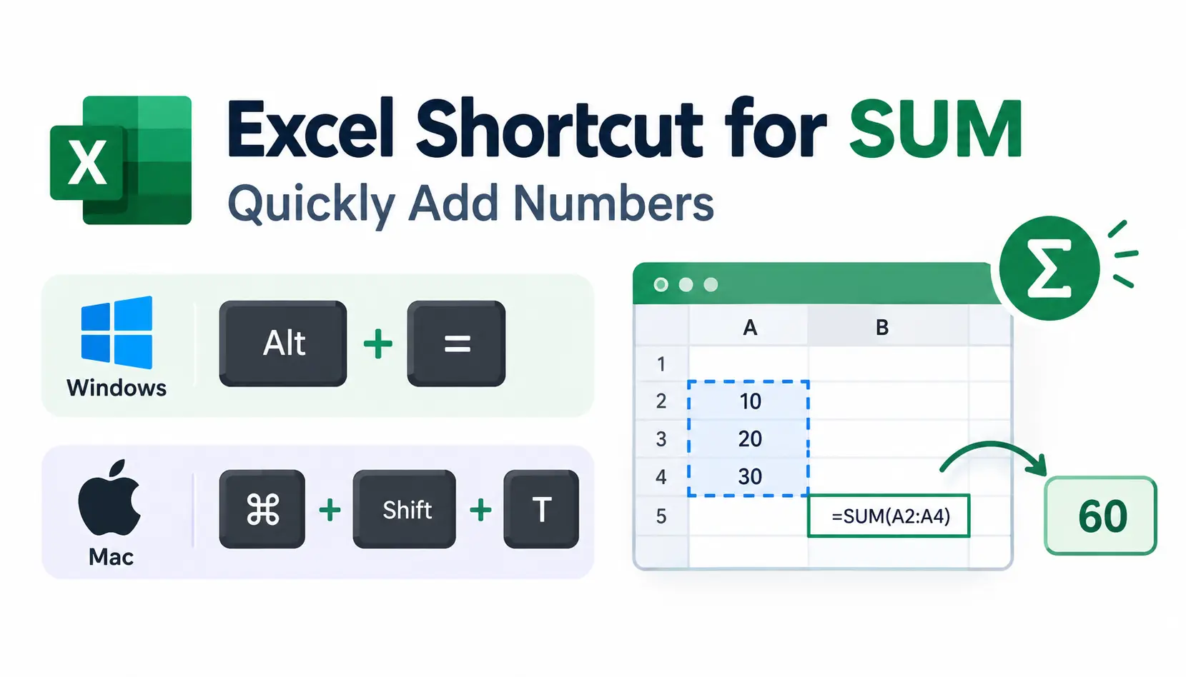 Excel SUM shortcut infographic showing Alt + = on Windows and Command + Shift + T on Mac, with a spreadsheet example demonstrating the SUM formula.
